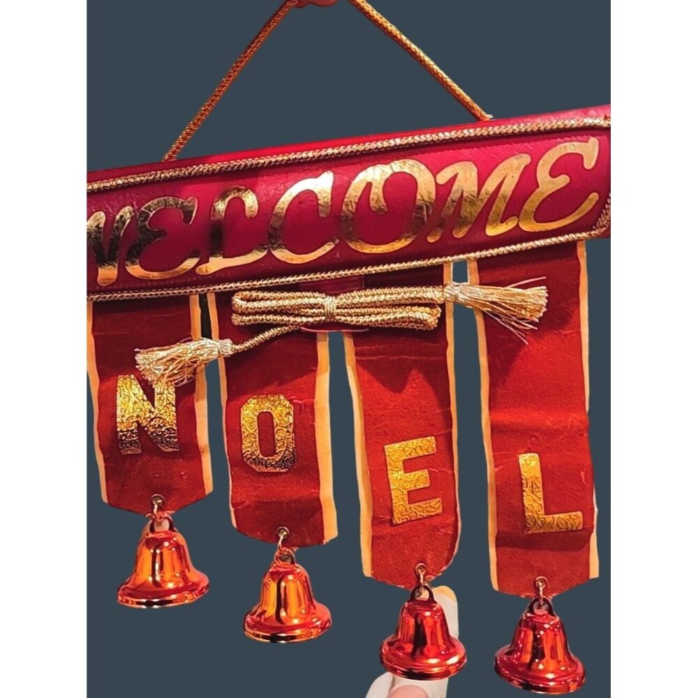 RARE Vintage Christmas Welcome Bells Door Hanger Velvet Antique Mid Century*44